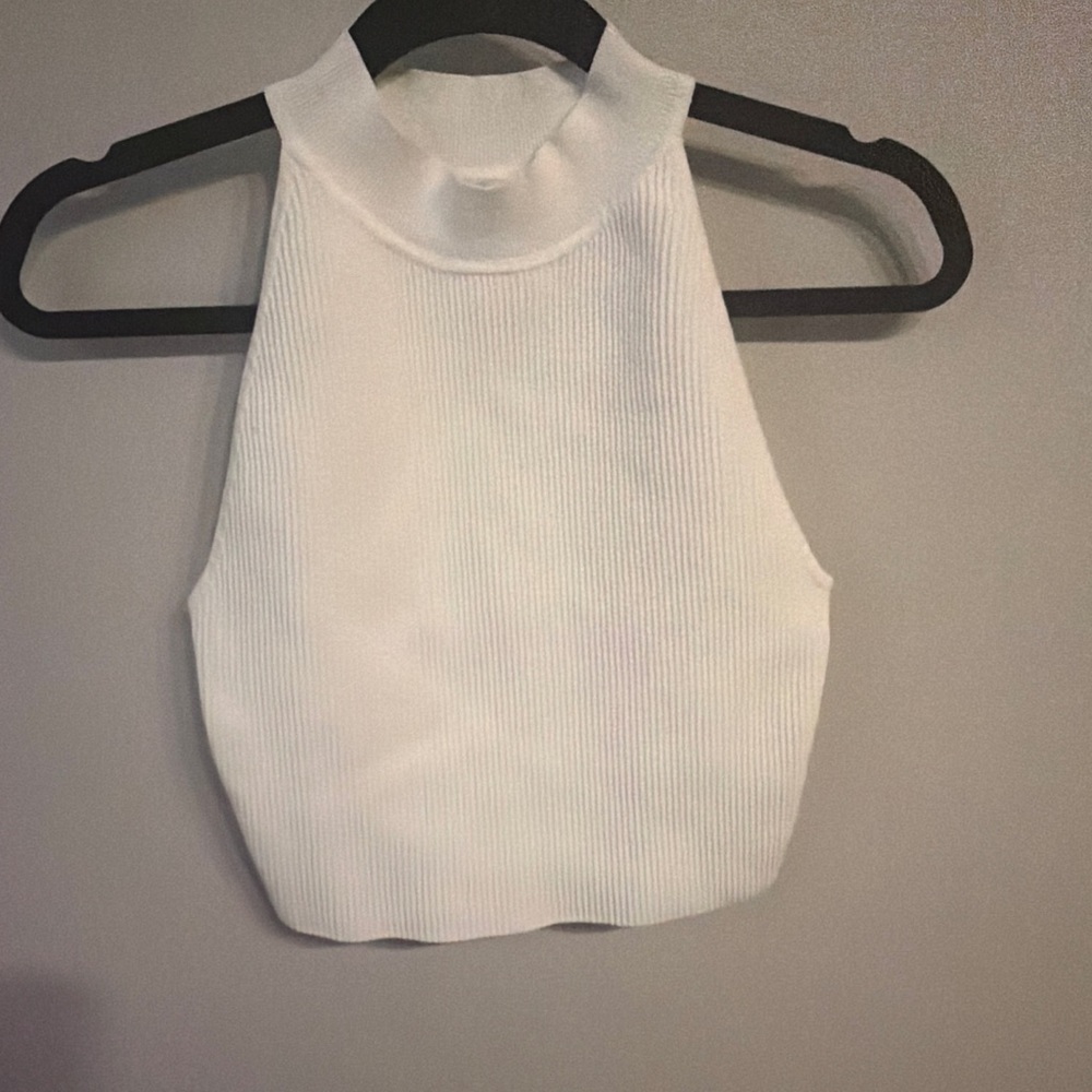 Babaton White Ribbed Mock Neck Crop Top